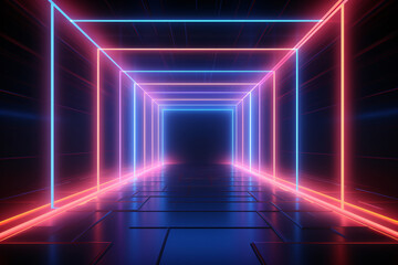 Fototapeta premium Abstract neon light geometric background. Glowing neon lines. Tunnel or corridor neon light design. Rectangular laser lines. Night club empty room. Stage laser show. LED technology. Generative AI.