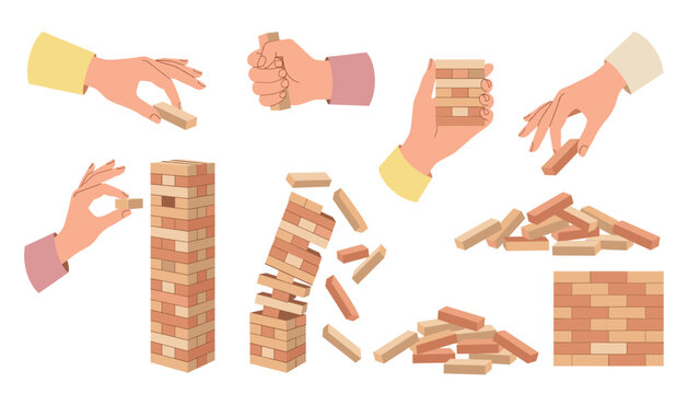 Wooden blocks vector illustration set. Human hands building tower, tumbling bricks, stacked tiles, scattered pieces and tabletop game strategy elements.