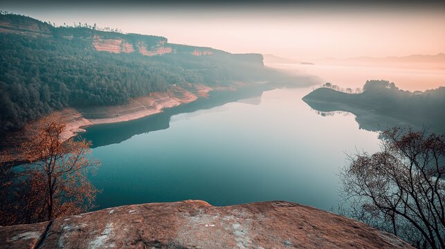 Spring dawn mist red danxia cliff lake at Chenzhou Gaoyi Ridge 4A scenic, quiet empty landscape