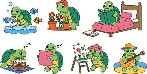 Fototapeta premium Turtles Engaging in Various Activities Like Reading, Gardening, and Painting Featuring Playing, Guitar, Sleeping with Eating
