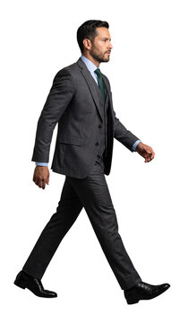 Side view of serious Hispanic businessman in dark grey suit walking in full length pose