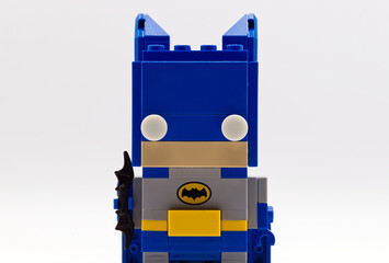 Fototapeta premium Bologna - Italy - July 30, 2026: Lego building block figurine of Batman, classic superhero character isolated on a white background.
