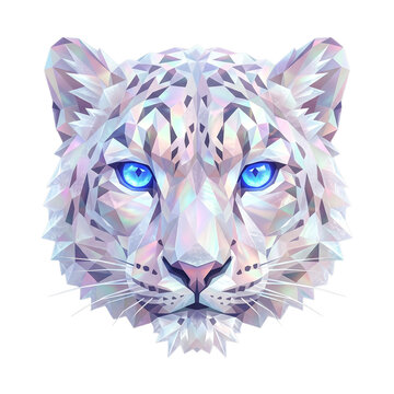 Geometric pearlescent low poly snow leopard portrait illustration with blue glowing eyes
