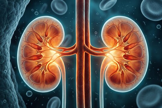Anatomical illustration of human kidneys with internal structure and blood vessels
