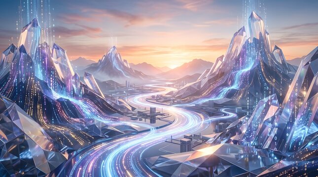Abstract digital world with binary code mountains and glowing data rivers at sunset