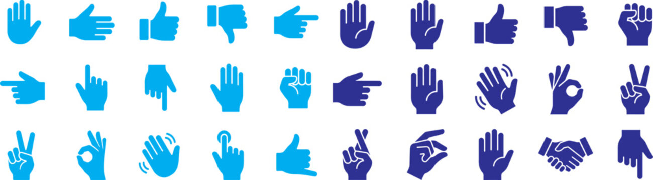 Collection of various hand gestures and finger signs in blue and purple colors isolated on white background
