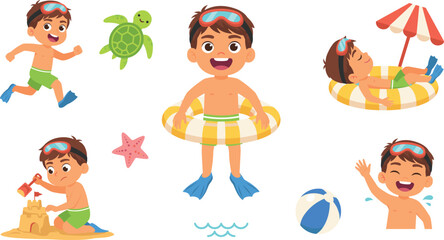 Cute Little Boy Character Beach Vector Set with Inflatable Ring Sandcastle Swimming and Summer Sea Elements for Vacation Graphic Designs © Miss