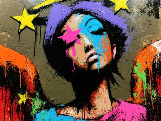 Obraz premium Abstract woman with closed eyes, colorful paint drips, artistic expression