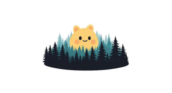 Whimsical forest scene with a friendly bear face emerging from pine trees and a soft yellow sun