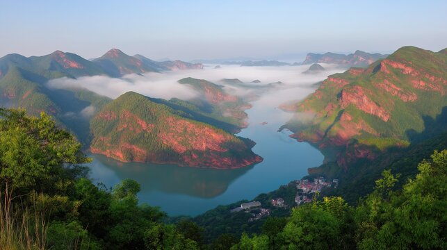 Spring dawn mist red danxia cliff lake at Chenzhou Gaoyi Ridge 4A scenic, quiet empty landscape