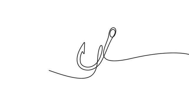 Fish hook continuous line drawing animation of fishing equipment vector. Animated continuous line drawing of a fishing hook for outdoor and sport concepts.