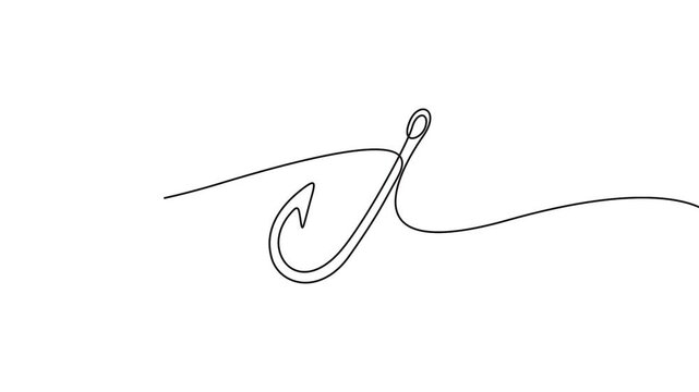 Fish hook continuous line drawing animation of fishing equipment vector. Animated continuous line drawing of a fishing hook for outdoor and sport concepts.