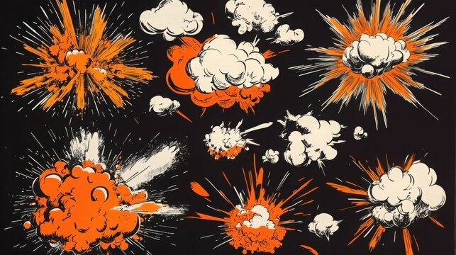 Explosion effects appear as a collection of comic book style graphics featuring dynamic bursts, smoke clouds, and energetic impacts on a dark background for use in action oriented creative layouts.