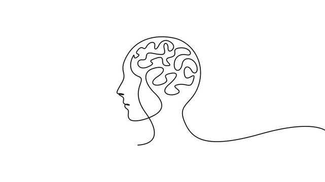 Human head with brain continuous line drawing animation vector graphic. Animated continuous line drawing of a human head with brain for psychology concepts.