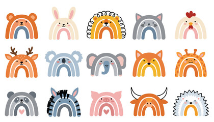 Rainbow animal vector illustration set. Boho style cartoon lion, bear, elephant, giraffe, koala, panda and cute nursery characters. © Mahamuda Studio 