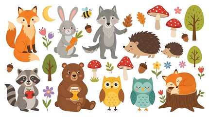 Obraz premium Cartoon forest animals and woodland nature elements set