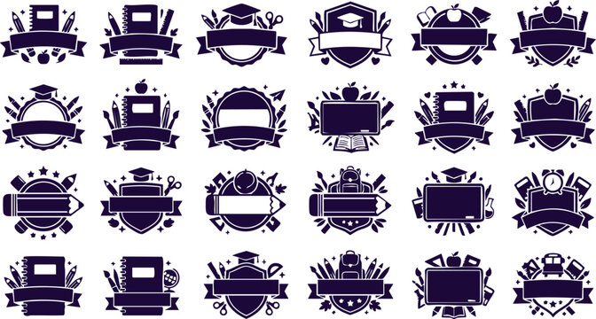 Collection of academic school badges with banners and education supplies vector