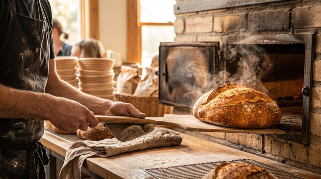 Baker taking freshly baked steaming bread out of a brick oven with a wooden peel