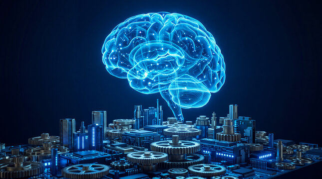 Glowing blue artificial intelligence brain floating above mechanical gears, microchips, and circuit board platform representing AI, deep machine learning, automation, and advanced technology concept