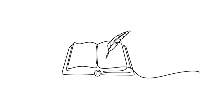 Open book and feather quill vector 4k animation video drawn in line art style. 