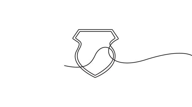 Shield icon vector animation drawn in a minimal single continuous line art style. Continuous line drawing of a security shield icon for commercial design use.