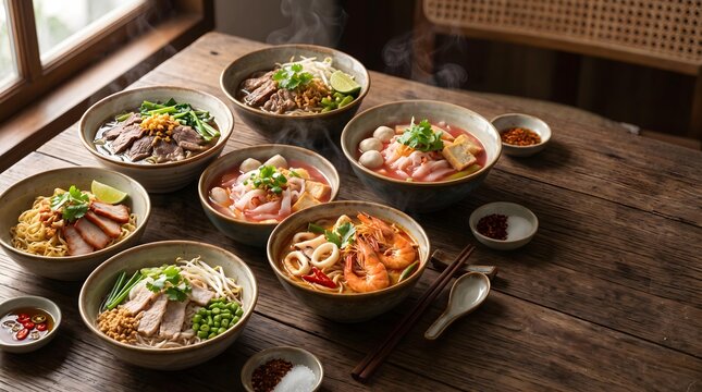 Authentic Thai Street Noodles Authentic Asian Noodle Bowls on Rustic Wood Table with Steaming Ingredients Highlighting Culinary Diversity and Flavorful Dining Experience