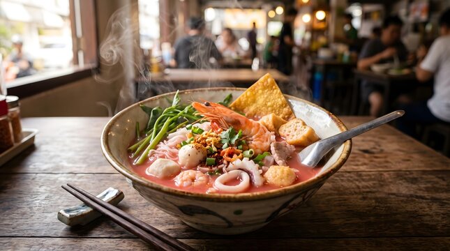 Authentic Thai Street Noodles Authentic Thai Seafood Noodle Soup with Prawns and Vegetables in Rustic Restaurant Setting