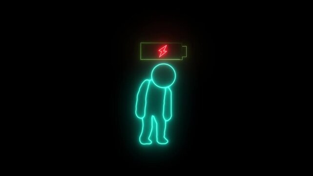 Glowing Neon Outline Character Feeling Tired and Recharging Battery Motion Graphics animation...