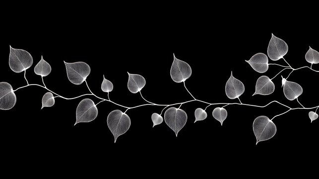 Beautiful white heart shaped skeleton leaves on black background, delicate translucent floral branch, abstract nature overlay