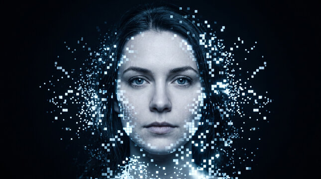 Woman's face dissolving into glowing digital pixels against a dark background