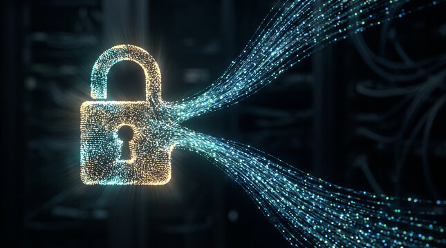 Glowing padlock connected to data streams in a dark server room