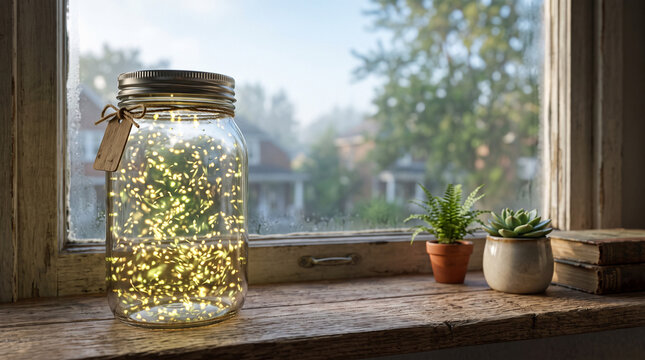 Glass mason jar filled with glowing fairy lights on a rustic windowsill