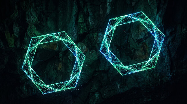 Two glowing geometric digital shapes hovering in a dark rocky cave