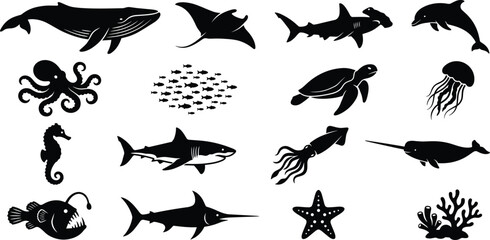 Set of black sea life and marine animal vector silhouettes for aquatic and ocean design © MDKhademul
