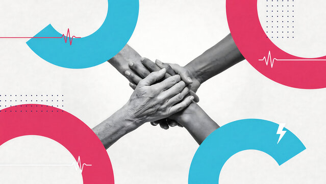 Close up of people stacking hands together representing unity and teamwork