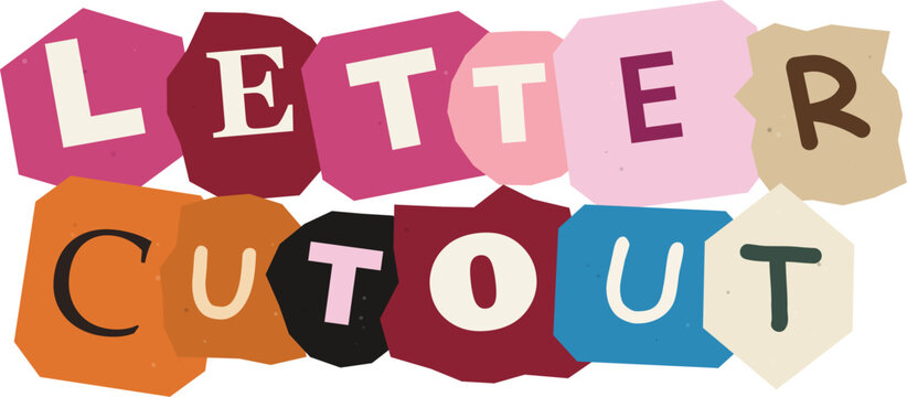 Letter cutout text design in a ransom note style with colorful paper scraps
