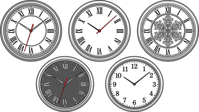 Vintage round wall clocks set featuring decorative snowflake dial classic roman numerals and modern numeric face design vector