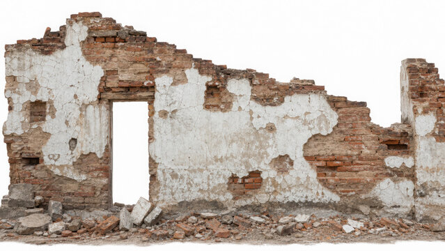 Ruined old brick wall with an open doorway isolated on a plain background, generated using ai