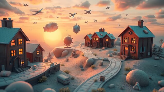 Whimsical Surreal Travel World with Vintage Suitcase Houses and Floating Compasses in Pastel Sunset Sky