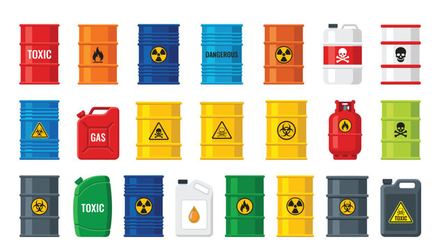 Chemical barrels vector illustration set. Industrial hazard waste containers including oil drums, gas canisters, toxic jerrycans, radioactive and biohazard warning symbols.
