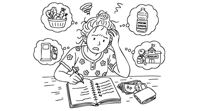 Black and White Line Art Animation of Worried Housewife Managing Household Budget and Rising Living Expenses