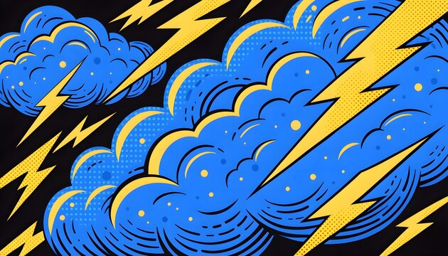 Comic style pop art pattern with electric blue clouds and yellow lightning bolts for vector design element