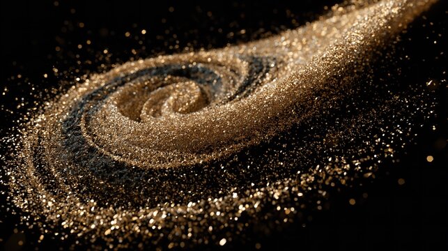 Abstract Swirling Gold Glitter Particles on Black Background
