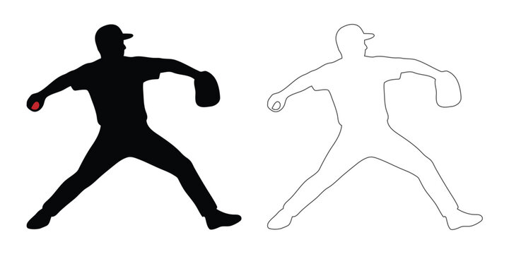 Baseball pitcher throwing ball vector set silhouette & line art outline icon for softball pitcher sports action & tournament competition concept