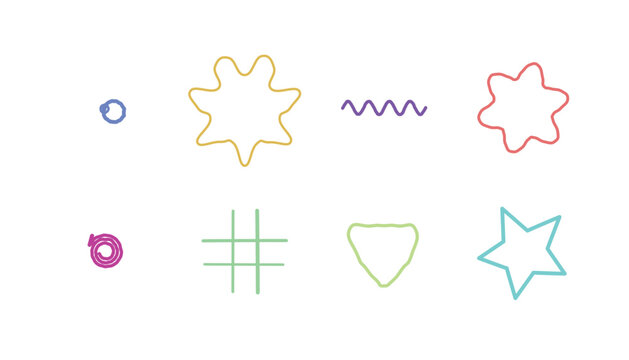 Collection of various colorful hand-drawn doodle shapes and geometric symbols