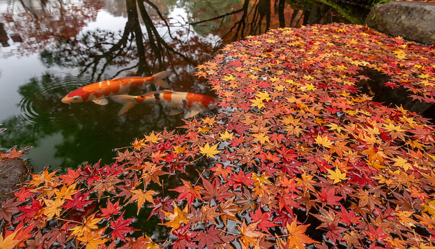 Koi Fish Swimming in Pond Covered with Autumn Maple Leaves Generative AI