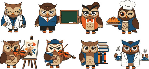 Owls Dressed in Various Professional Outfits and Roles Featuring Professionals, Doctor, Teacher with Chef and Scientist Elements