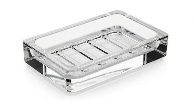 Clear glass soap dish with ribbed base on white transparent