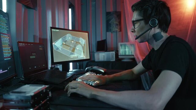 Young male hacker getting stressed while working on multiple computers in a secret hideout