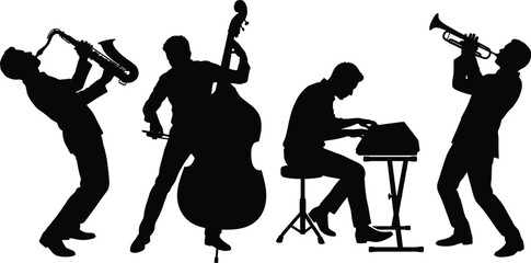 Black vector silhouettes of a jazz music band playing instruments on a white background © MstSabina